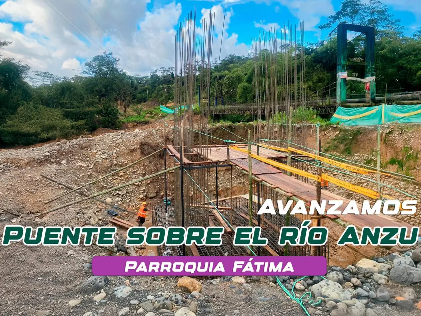 Avanzan los trabajos de cimentación de las bases del nuevo puente de hormigón sobre el río Anzu en la parroquia Fátima